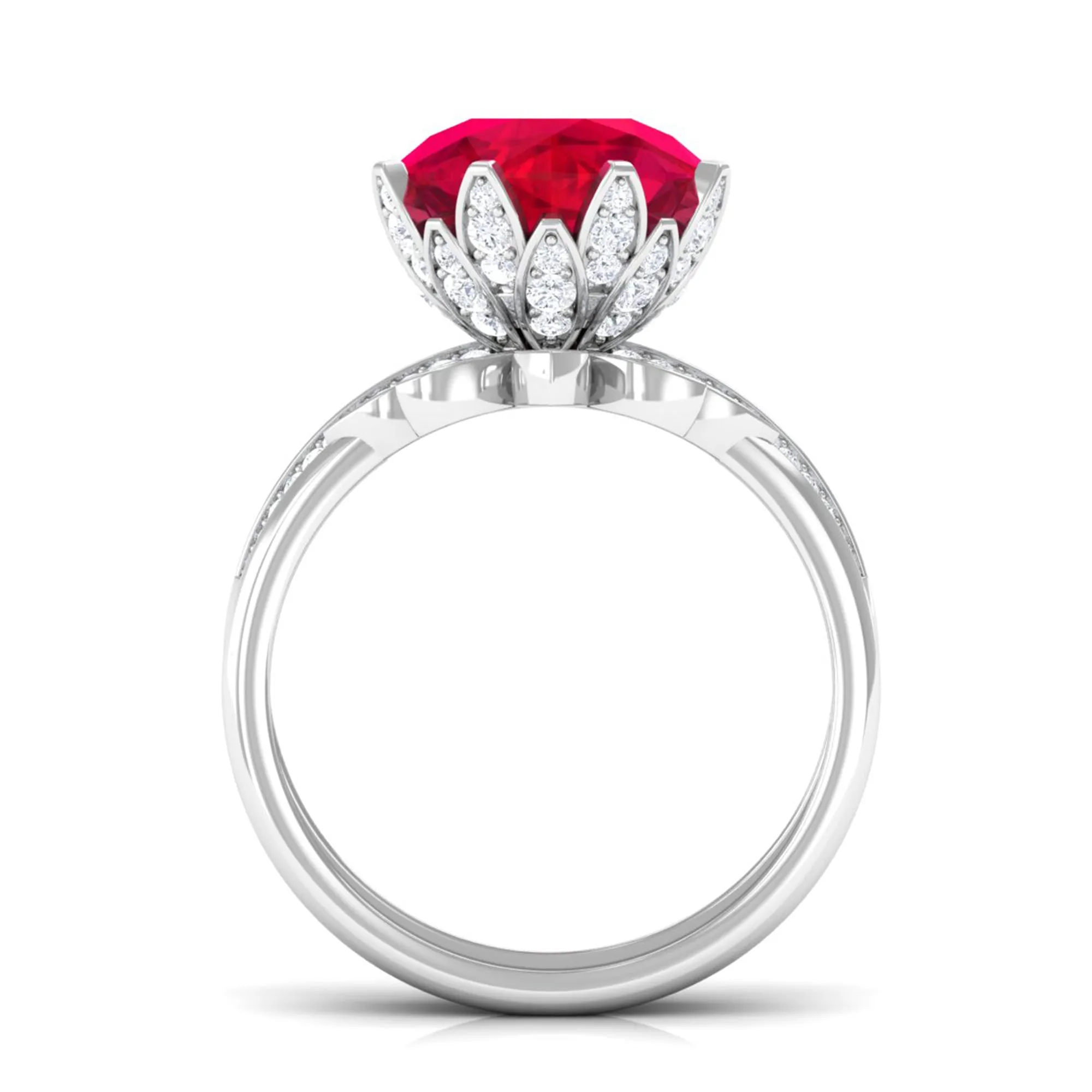 Lab Grown Ruby Flower Bridal Engagement Ring Set with Moissanite