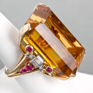 Large 75 Carat Citrine Art Deco Styled Ring