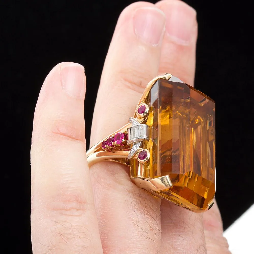 Large 75 Carat Citrine Art Deco Styled Ring