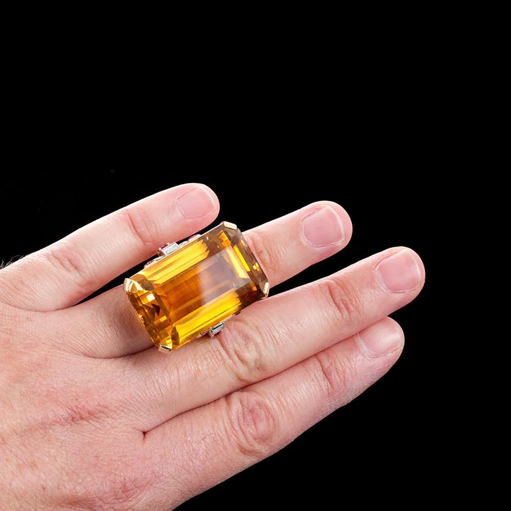 Large 75 Carat Citrine Art Deco Styled Ring