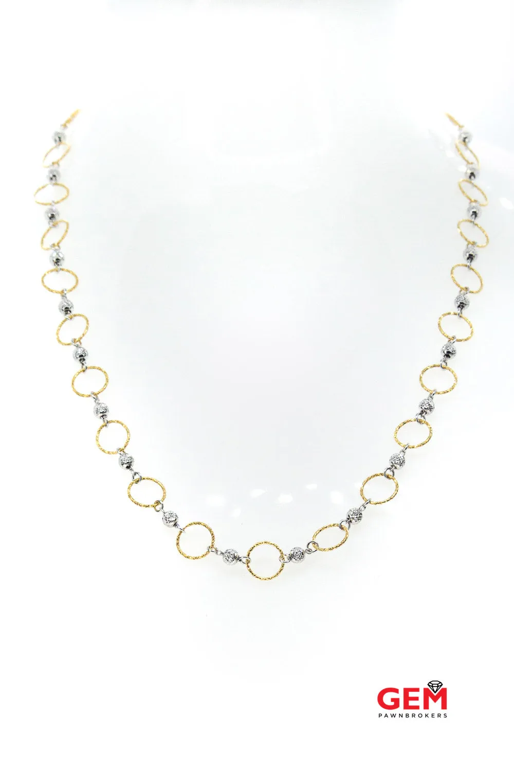 LaSoma Circular Beaded Open Link 18K 750 White & Yellow Gold 20" Necklace