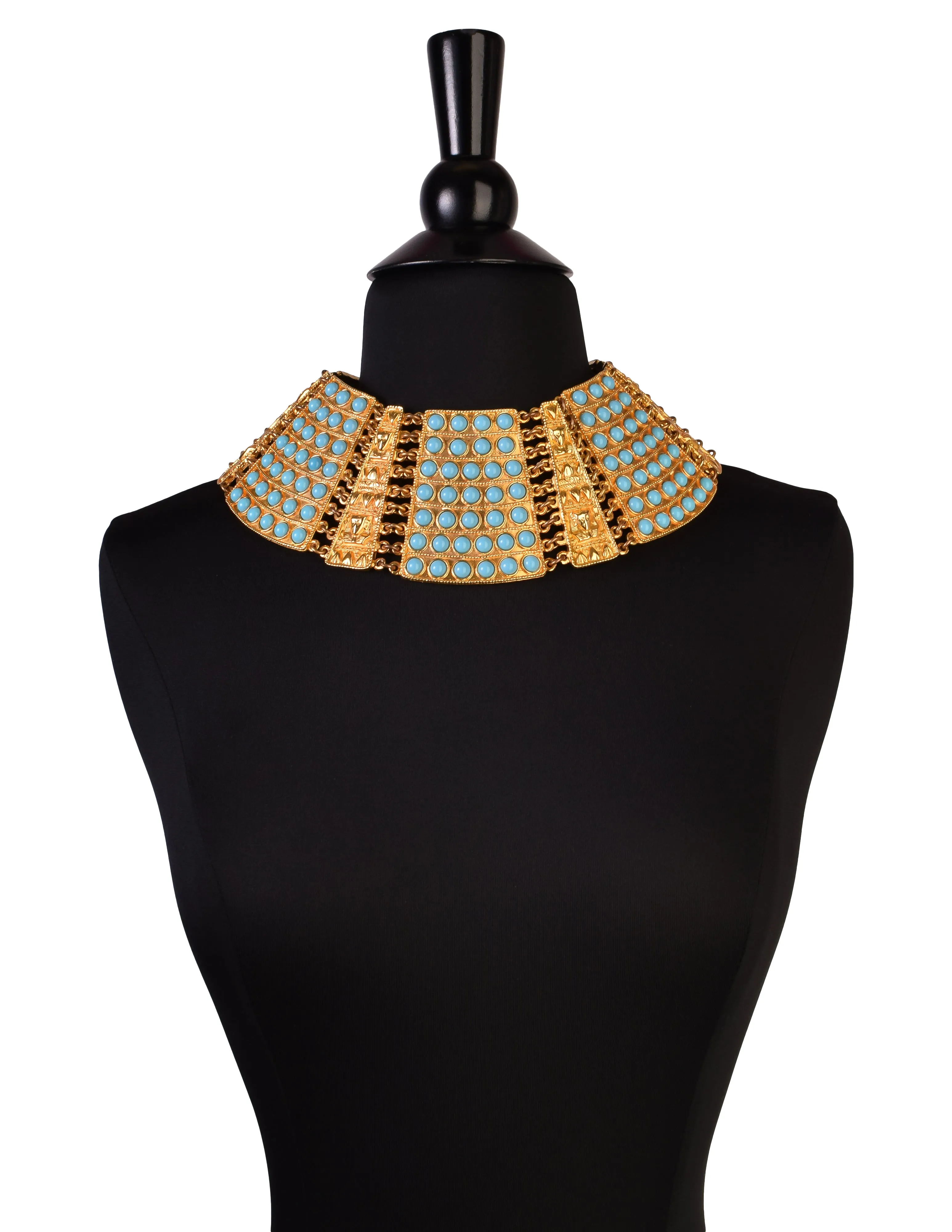 Lena Horne's Vintage 1970s Golden Turquoise Egyptian Revival Ultra Wide Choker Collar Necklace