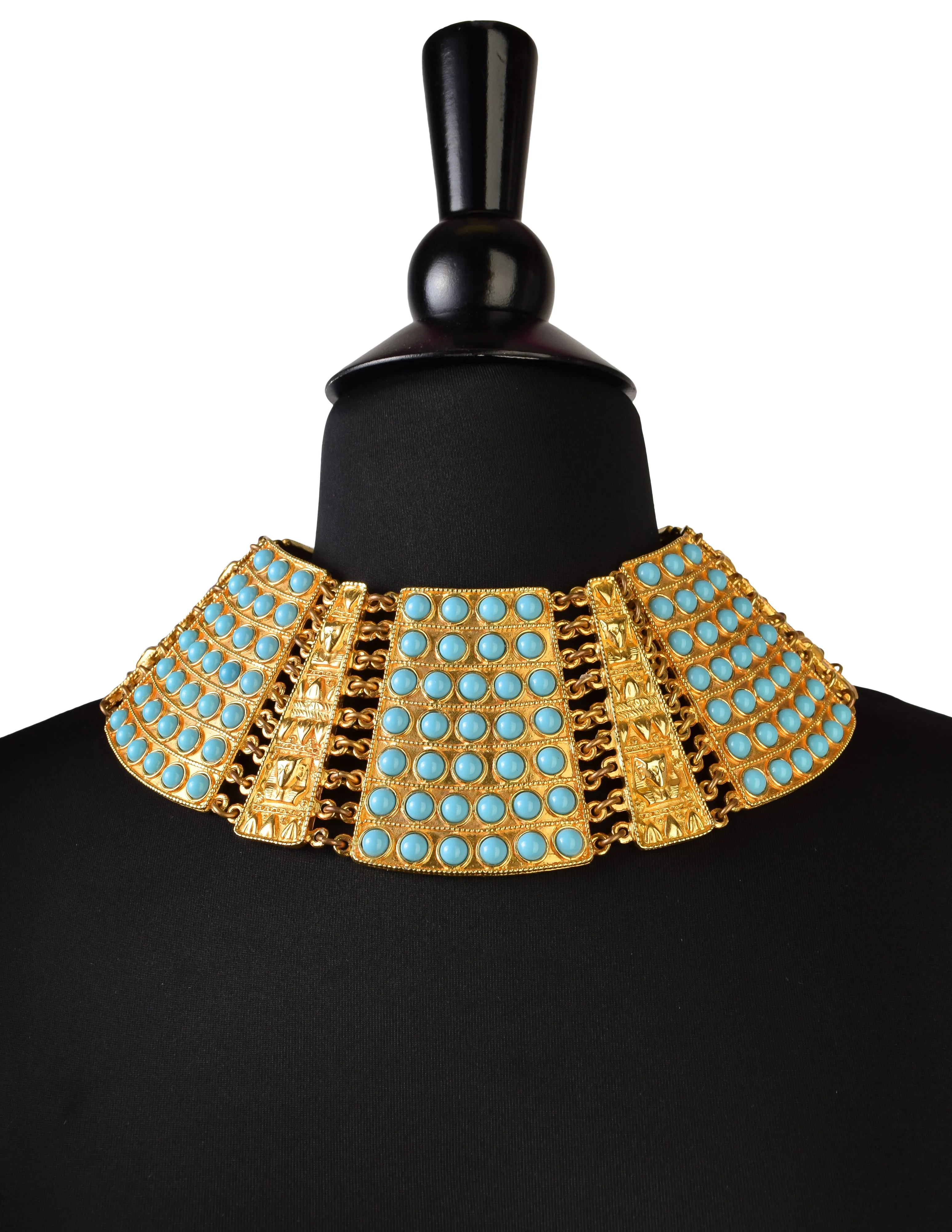 Lena Horne's Vintage 1970s Golden Turquoise Egyptian Revival Ultra Wide Choker Collar Necklace