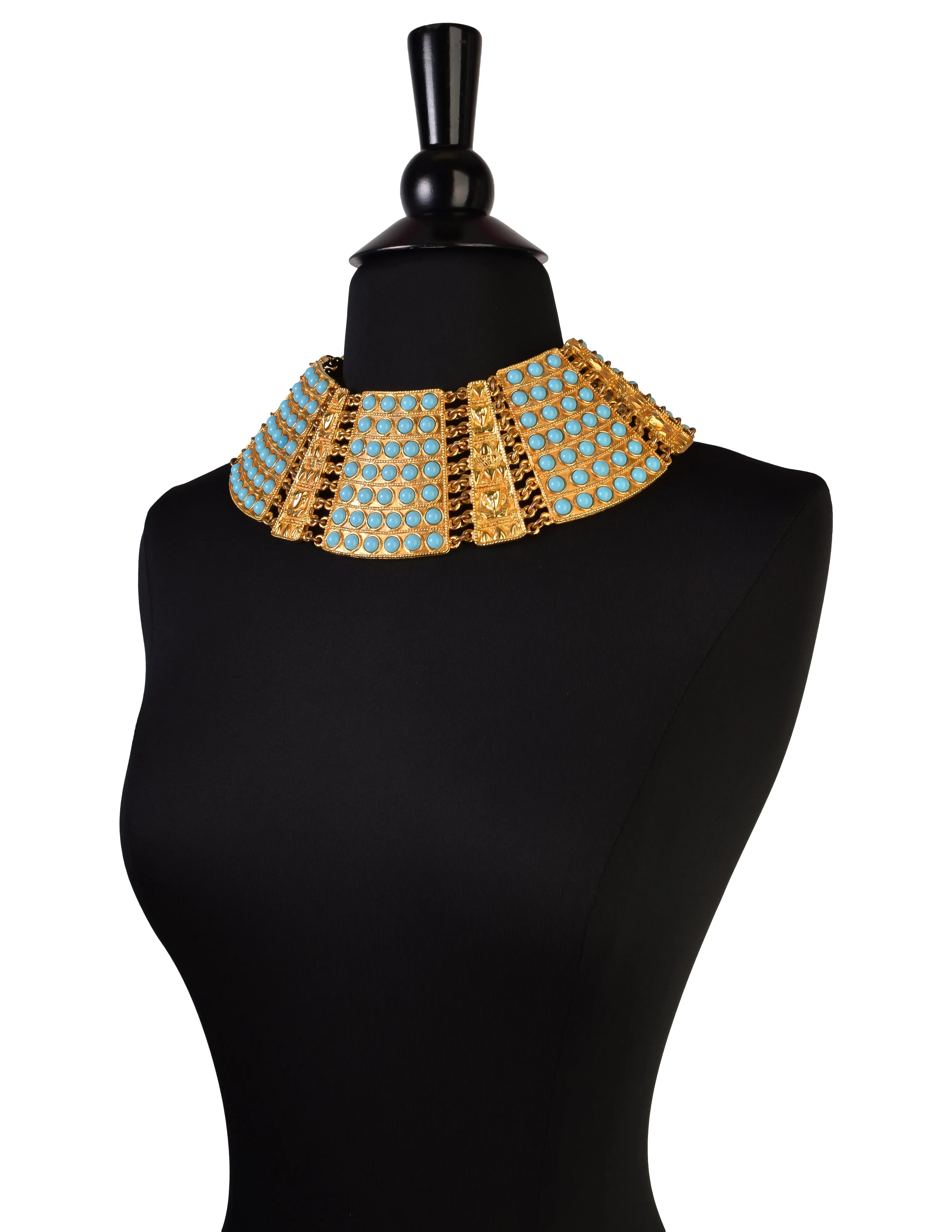 Lena Horne's Vintage 1970s Golden Turquoise Egyptian Revival Ultra Wide Choker Collar Necklace