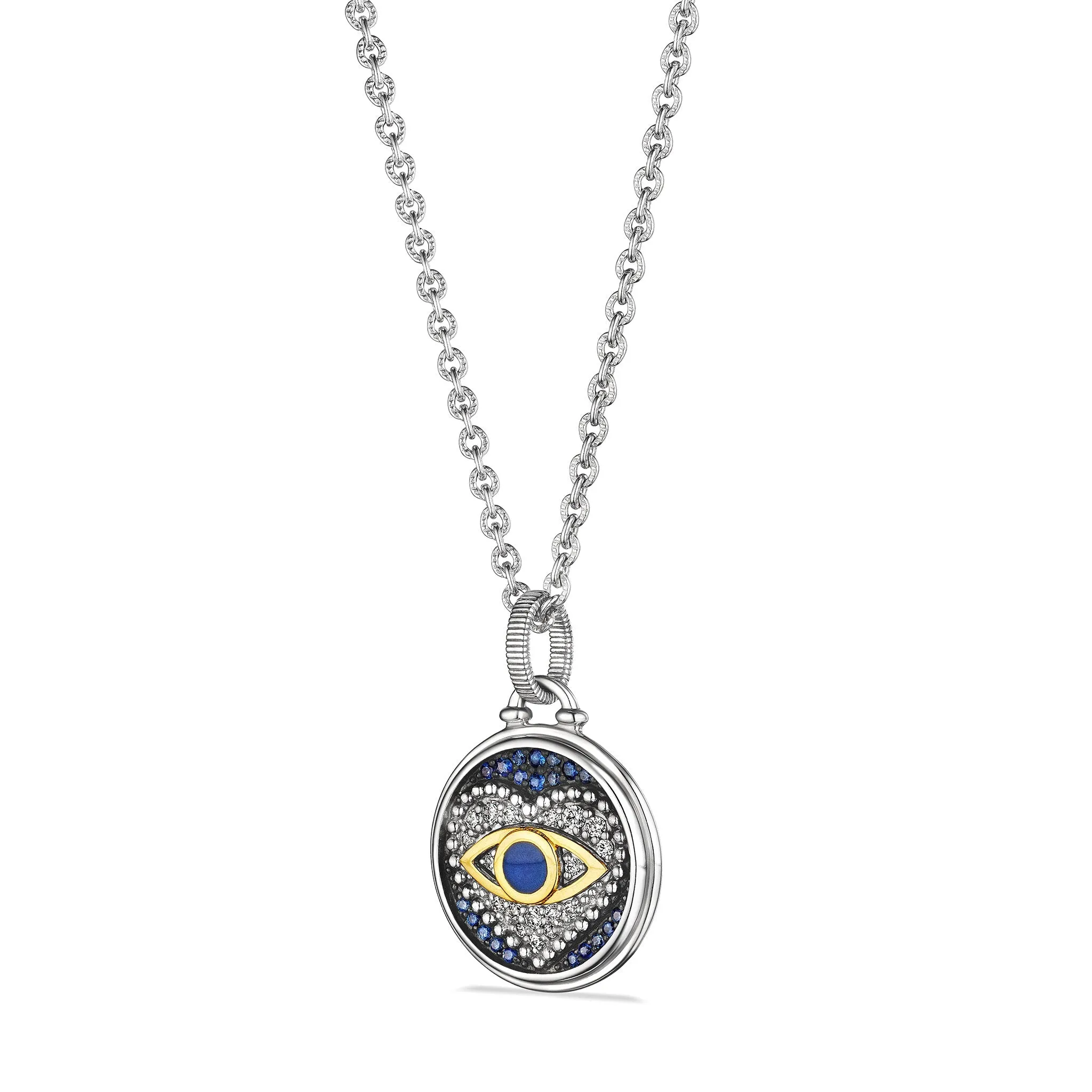 Little Luxuries Evil Eye Heart Medallion Necklace with Blue Sapphire, Diamonds and 18K Gold