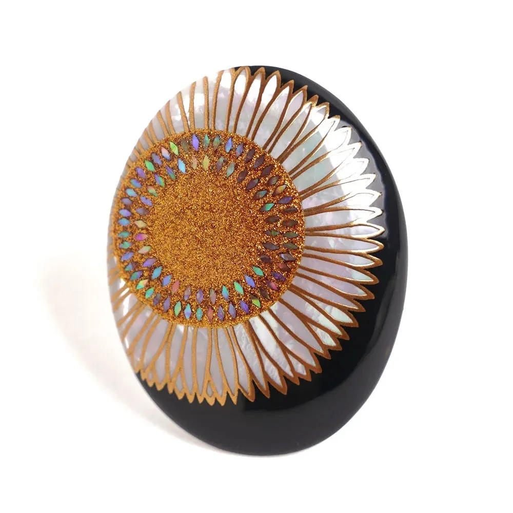 Maki-e Urushi Lacquer Brooch - White South Sea Pearl Shell / Sunflower -, Traditional Japanese Urushi Lacquer Jewelry