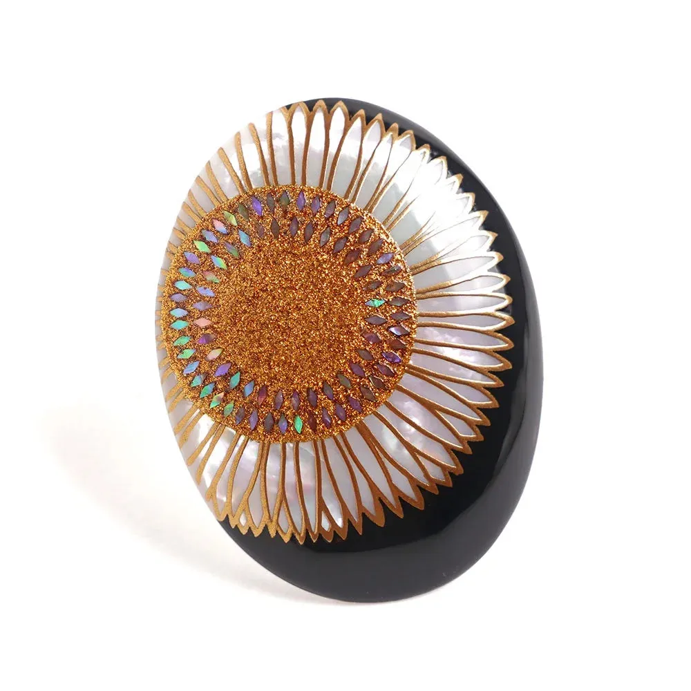 Maki-e Urushi Lacquer Brooch - White South Sea Pearl Shell / Sunflower -, Traditional Japanese Urushi Lacquer Jewelry