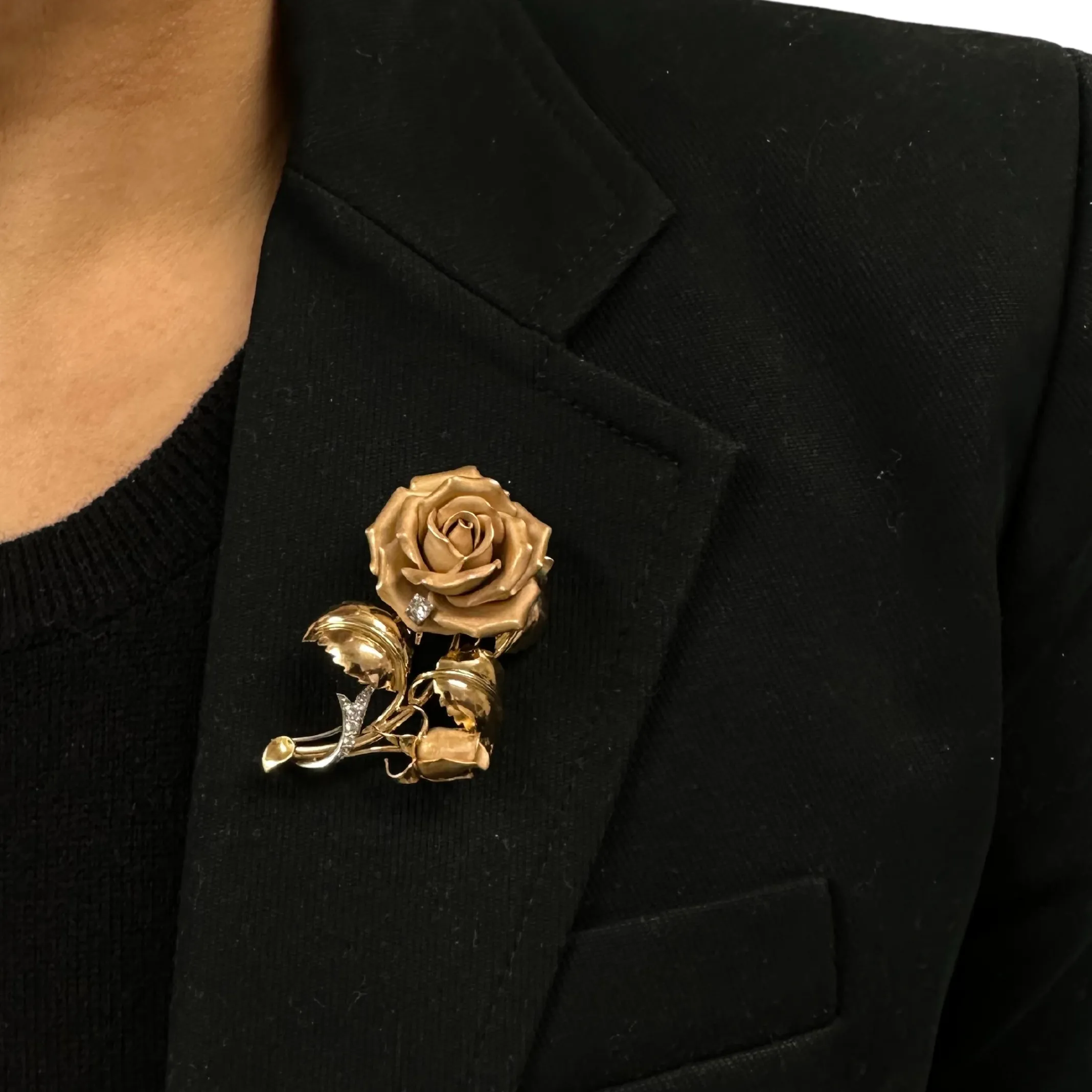 Mid-Century 18K Gold Diamond Rose Brooch