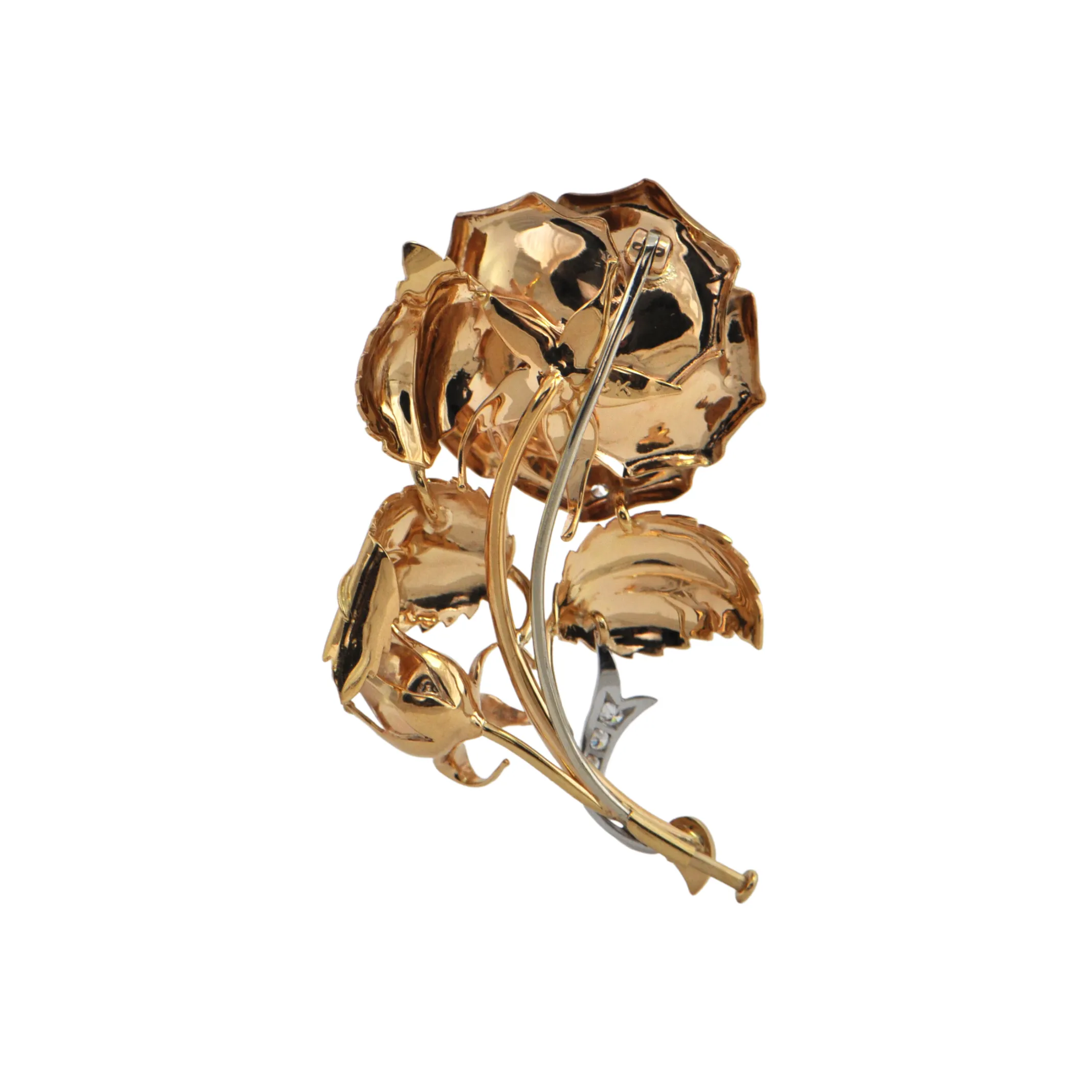 Mid-Century 18K Gold Diamond Rose Brooch