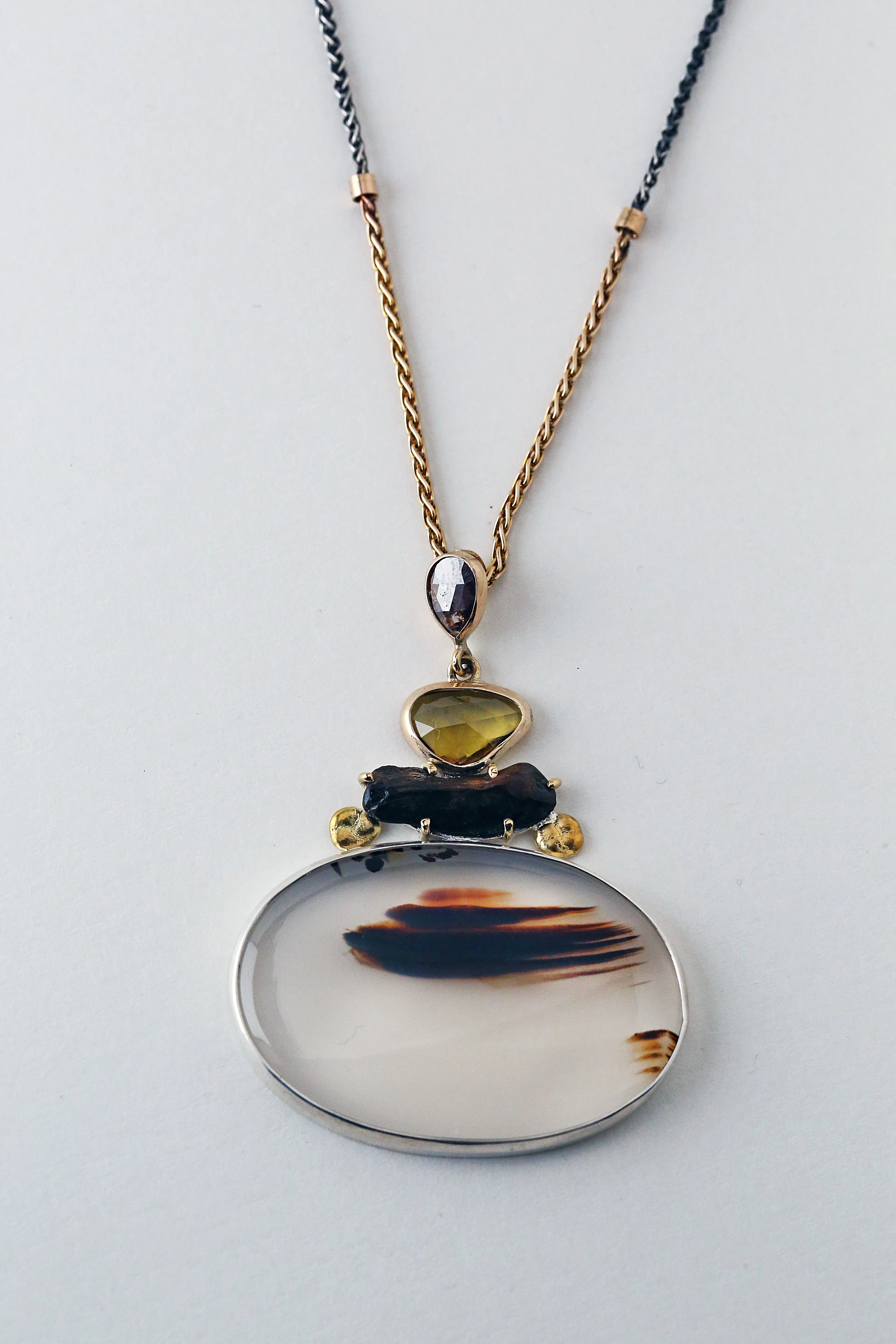 Montana Agate Cairns Pendant with Whale Bone, Diamond, and Sapphire