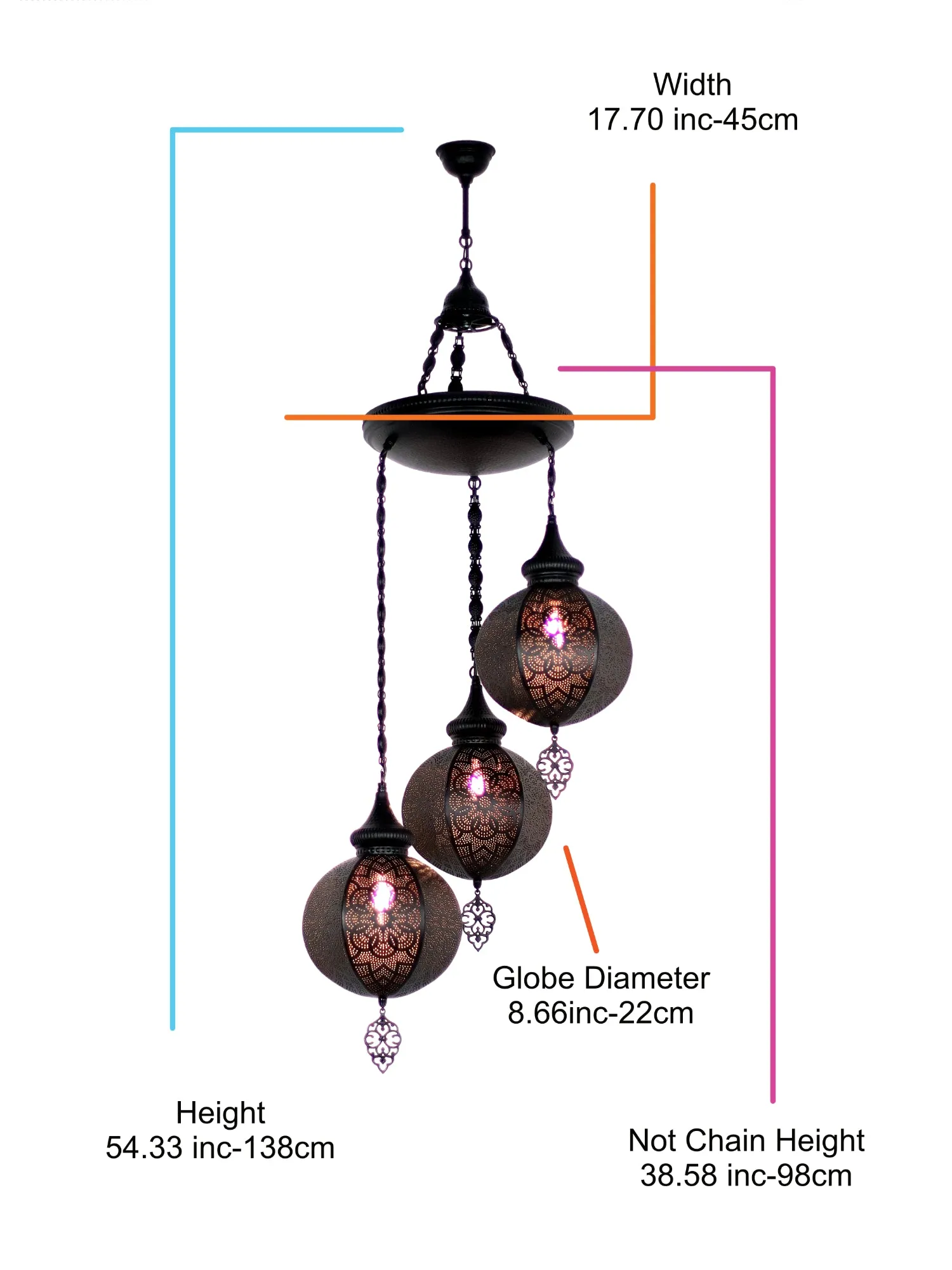 Moroccan Chandelier 3 Globe Black Color Ball Shape