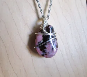 Natural Pink and Black Rhodonite Gemstone Crystal Pendant Necklace