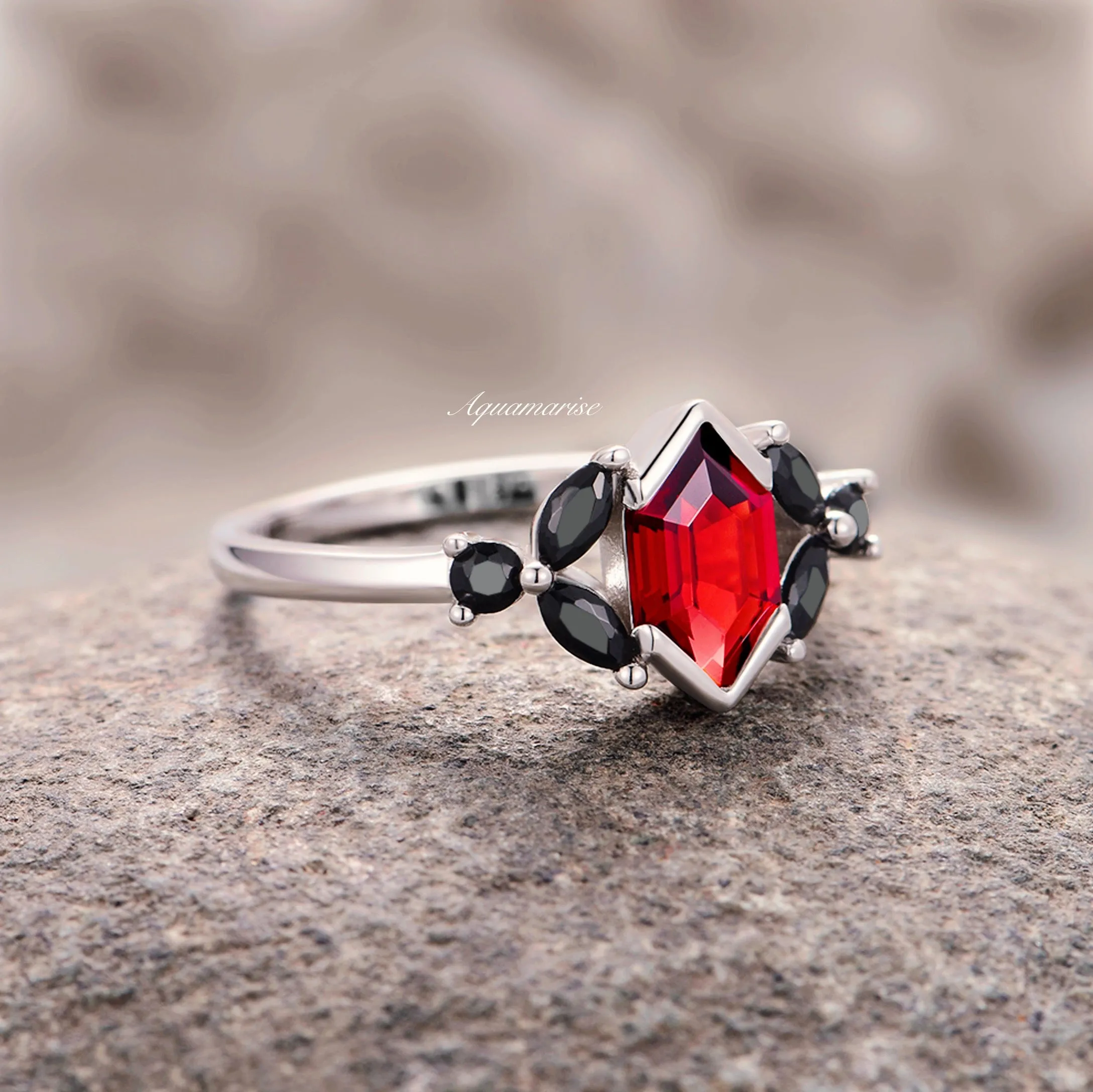 Natural Red Garnet & Black Onyx Ring- Sterling Silver