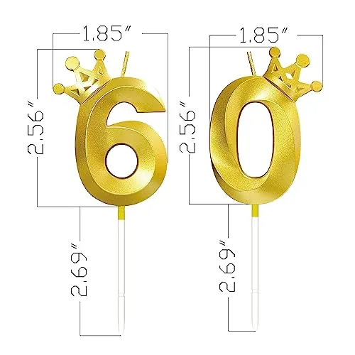 Number 60 Birthday Candle 3D Crown Designed 60th Cake Topper Decorations for Sixty Year Old Happy Birthday Candles Anniversaries (Crown-60, Gold)