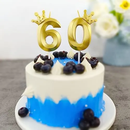 Number 60 Birthday Candle 3D Crown Designed 60th Cake Topper Decorations for Sixty Year Old Happy Birthday Candles Anniversaries (Crown-60, Gold)