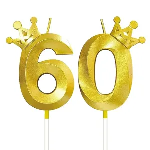 Number 60 Birthday Candle 3D Crown Designed 60th Cake Topper Decorations for Sixty Year Old Happy Birthday Candles Anniversaries (Crown-60, Gold)