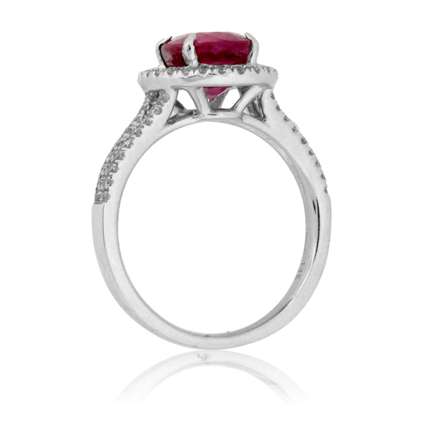 Oval Ruby and Split Shank Diamond Halo Ring