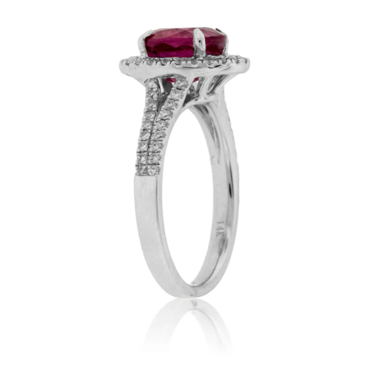 Oval Ruby and Split Shank Diamond Halo Ring