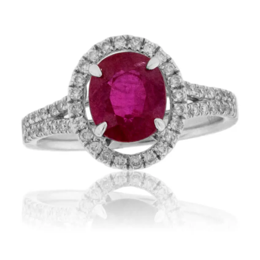 Oval Ruby and Split Shank Diamond Halo Ring