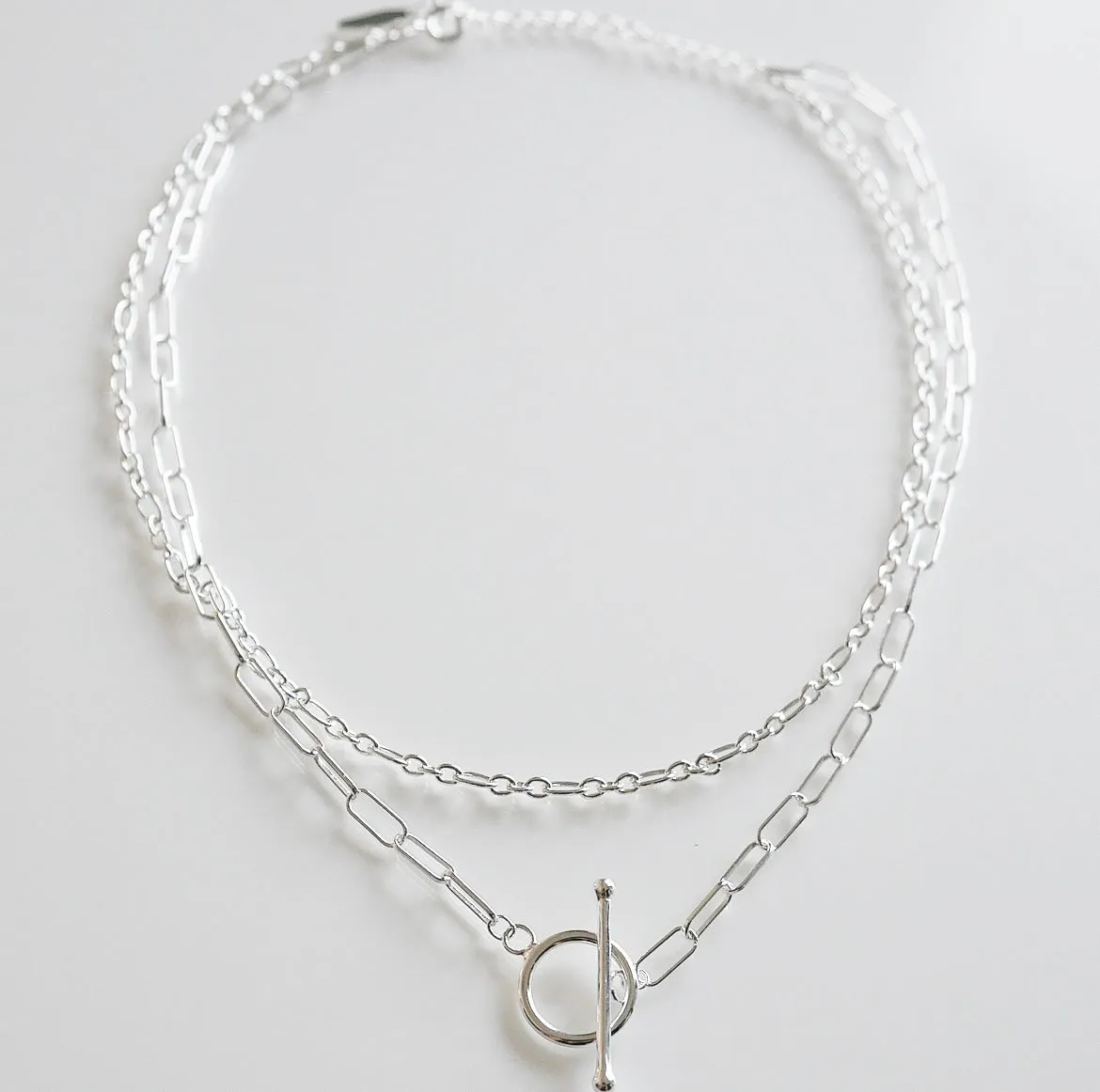 Paperclip Layered Necklace 925 Sterling Silver Link Chain Toggle Short Necklace