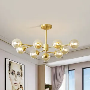 Post Modern Brass Chandelier with Clear Glass Shade - 9 Lights for Living Room Ceiling