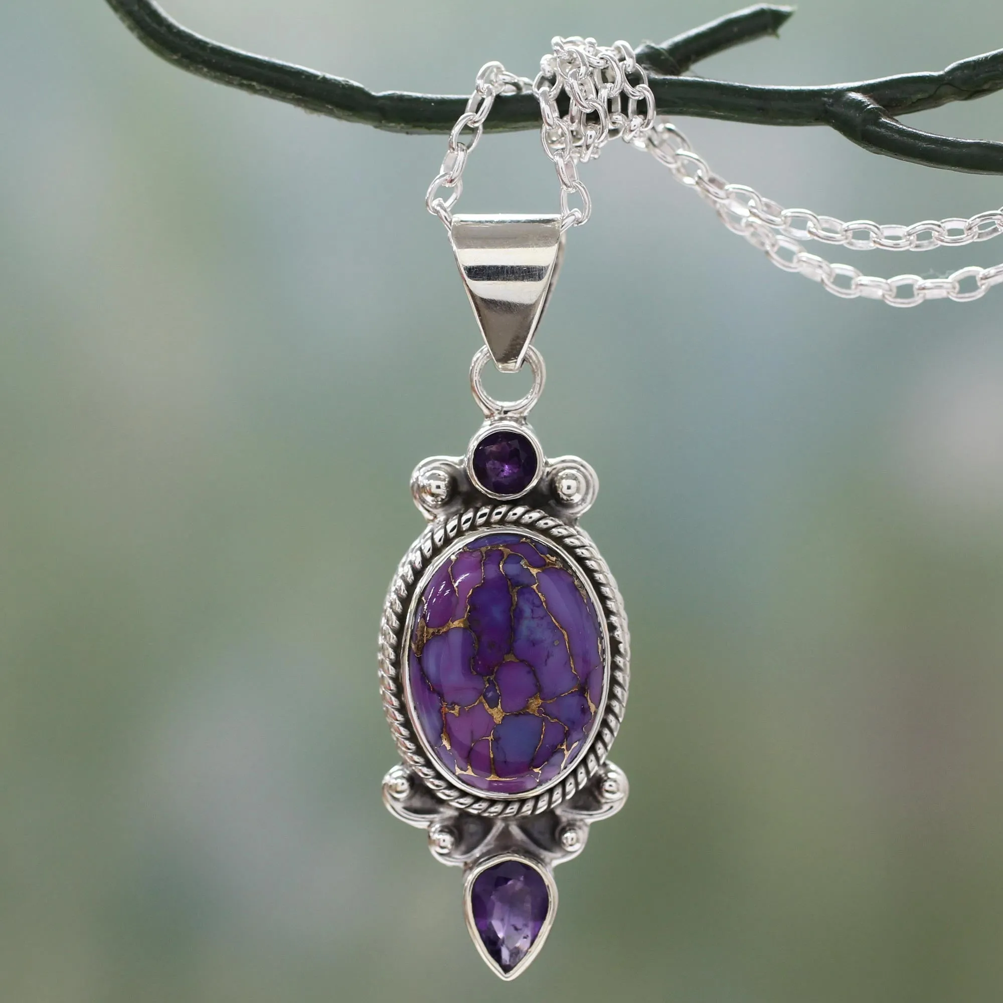 Purple Turquoise and Amethyst Pendant Necklace from India - Resplendent in Purple | NOVICA