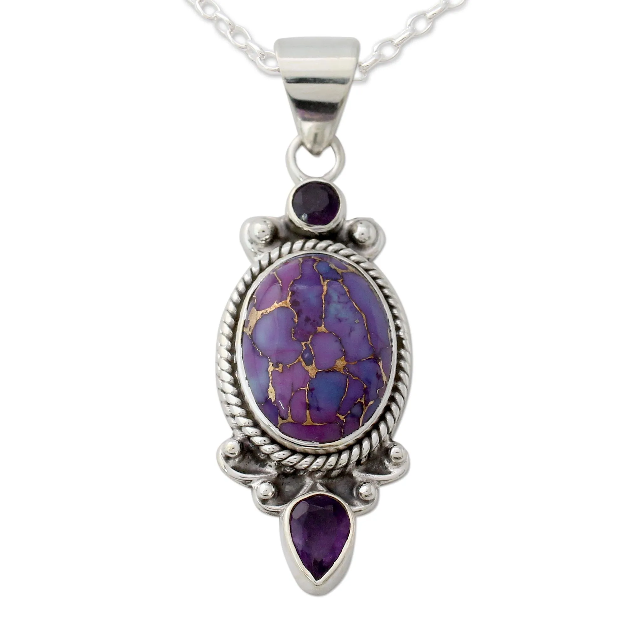 Purple Turquoise and Amethyst Pendant Necklace from India - Resplendent in Purple | NOVICA