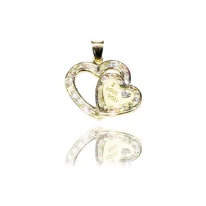 "I LOVE YOU" Double Heart CZ Pendant (14K)