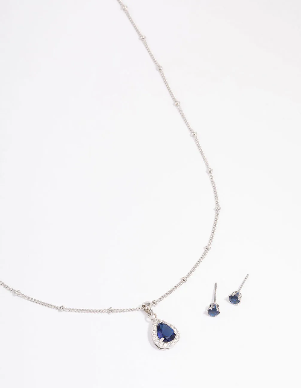 Rhodium Cubic Zirconia Sapphire Earring & Necklace Set