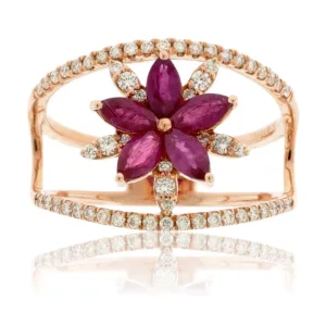 Rose Gold Ruby Flower and Diamond Ring