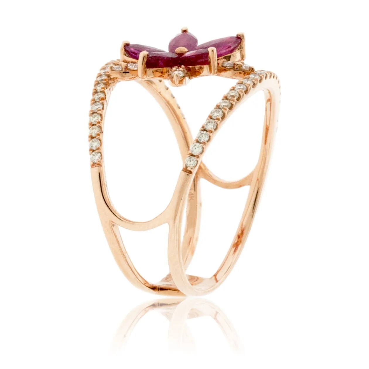 Rose Gold Ruby Flower and Diamond Ring