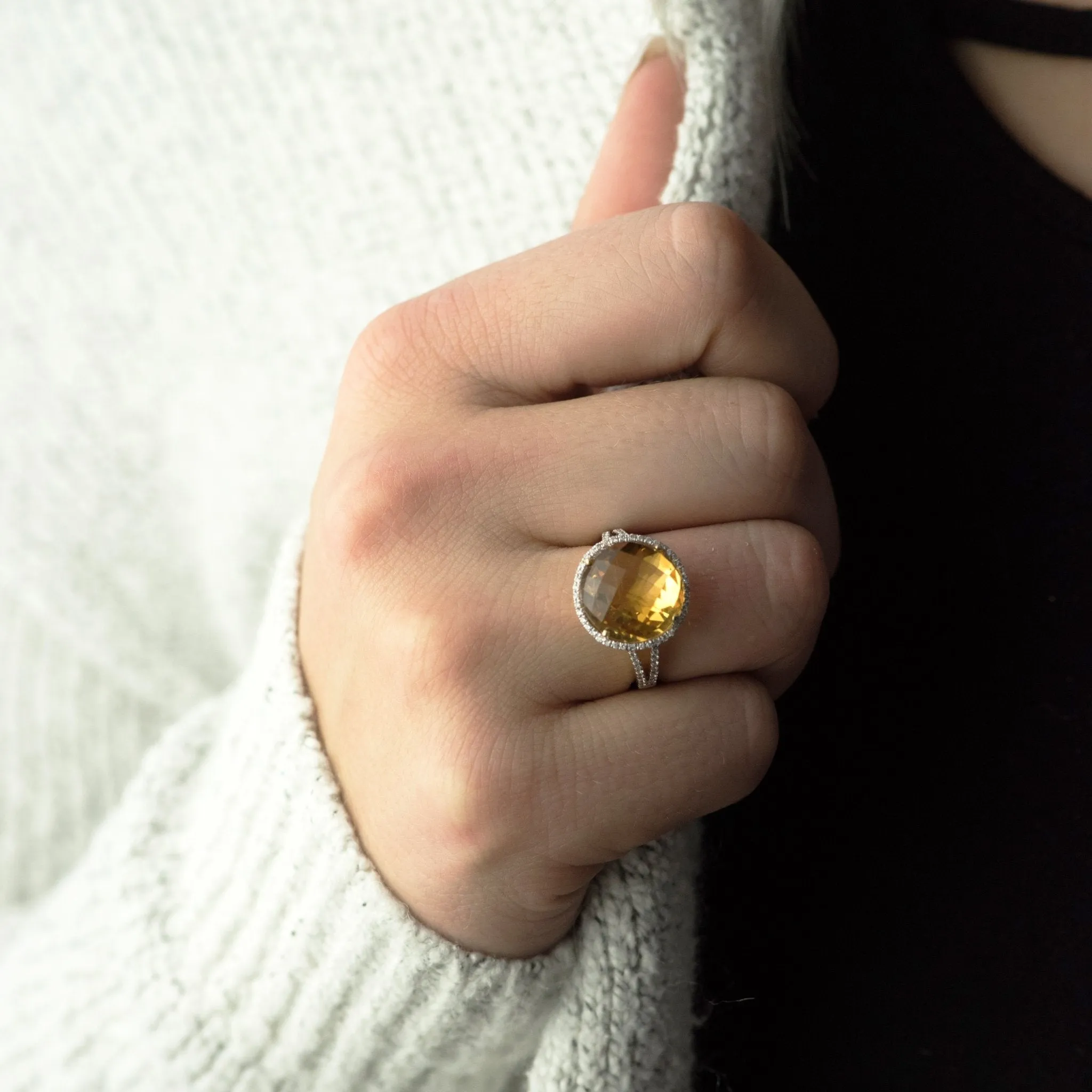 Round Fancy Cut Citrine and Diamond Halo Ring