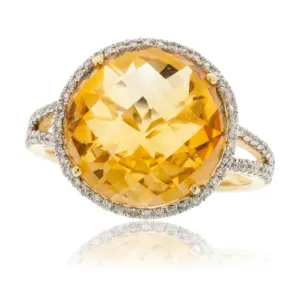 Round Fancy Cut Citrine and Diamond Halo Ring