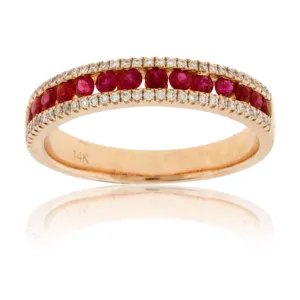 Round Ruby & Double Row Diamond Rose Gold Ring