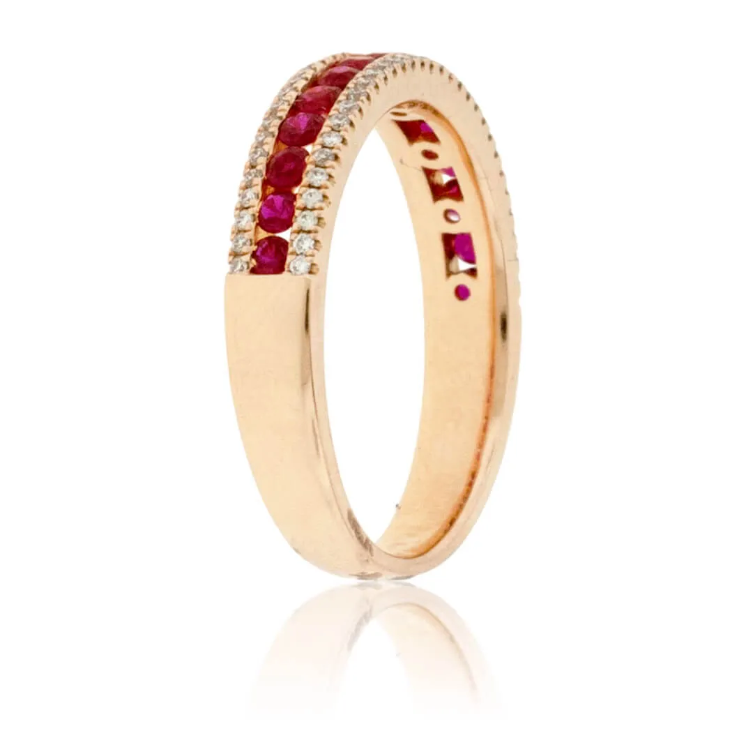 Round Ruby & Double Row Diamond Rose Gold Ring