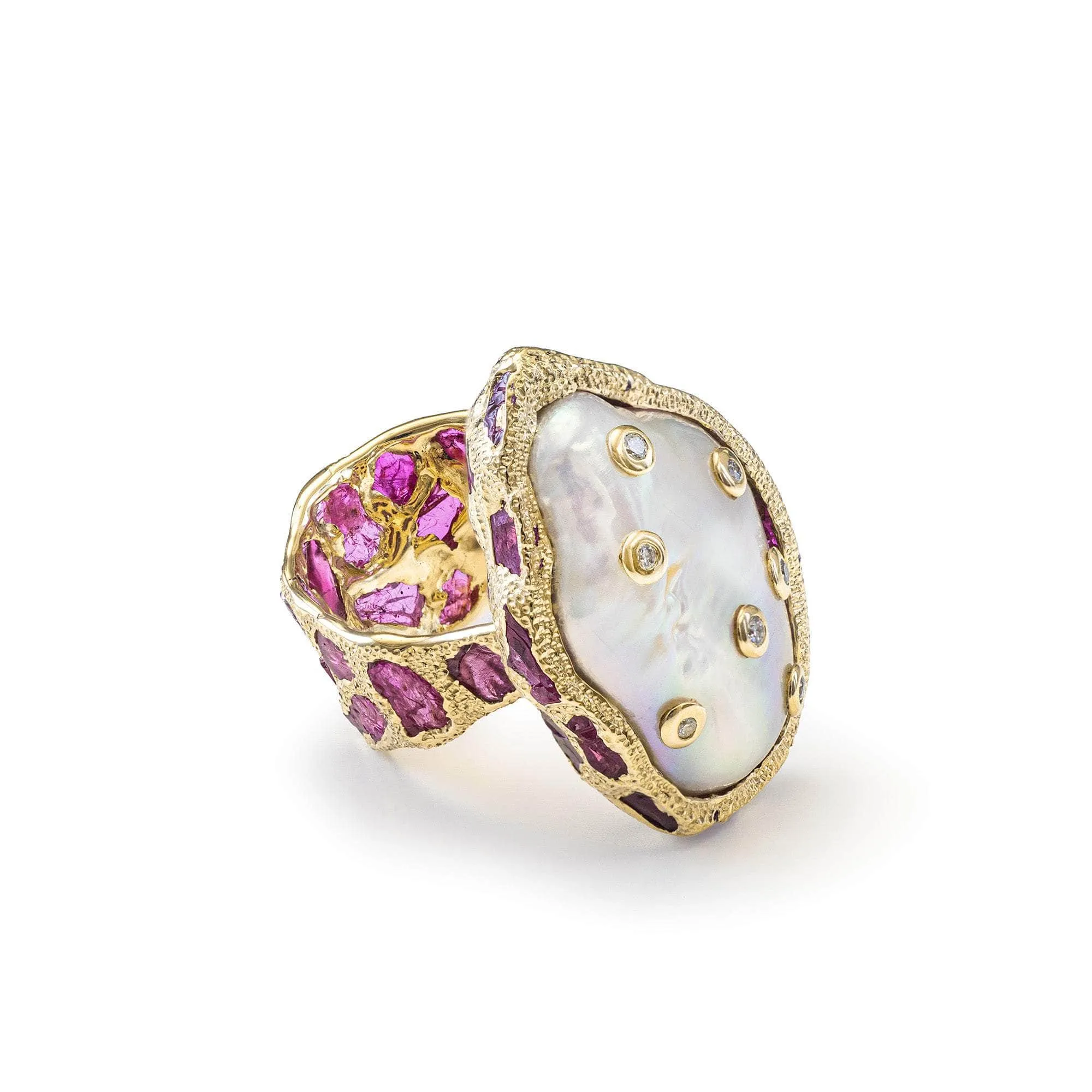 Rout Pearl and Rough Ruby and Diamond Ring