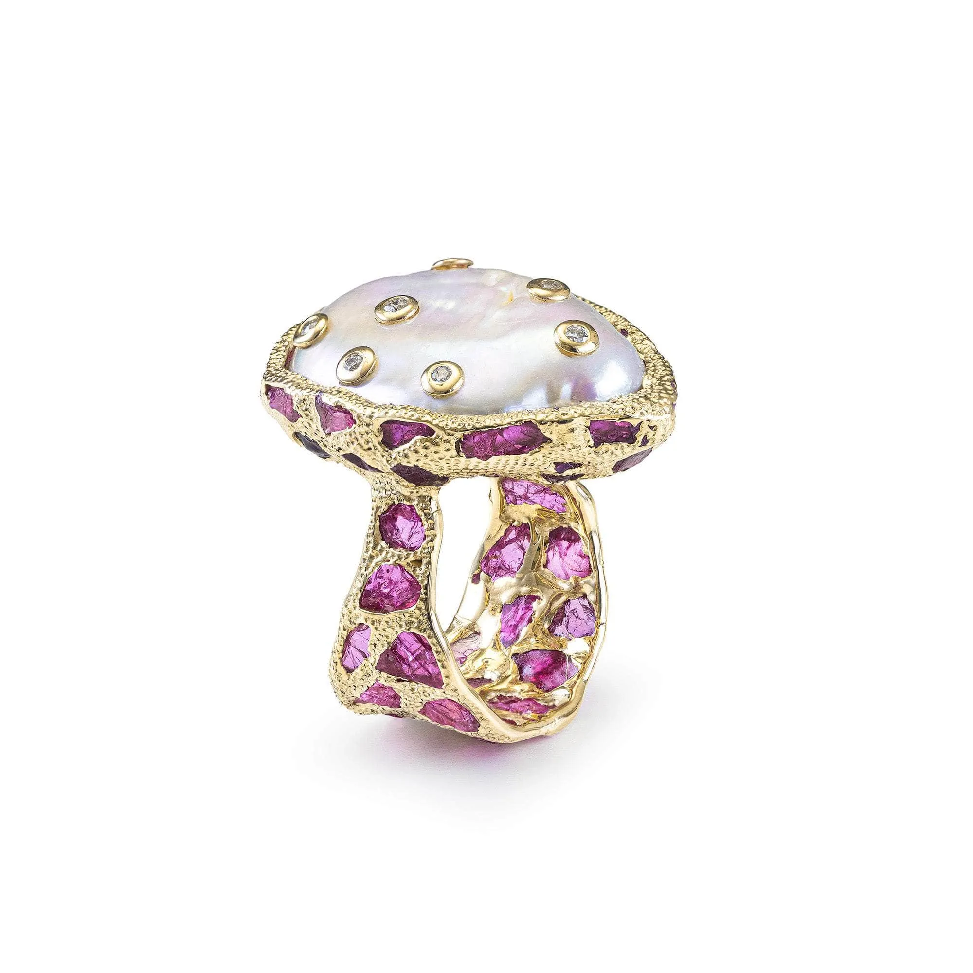 Rout Pearl and Rough Ruby and Diamond Ring