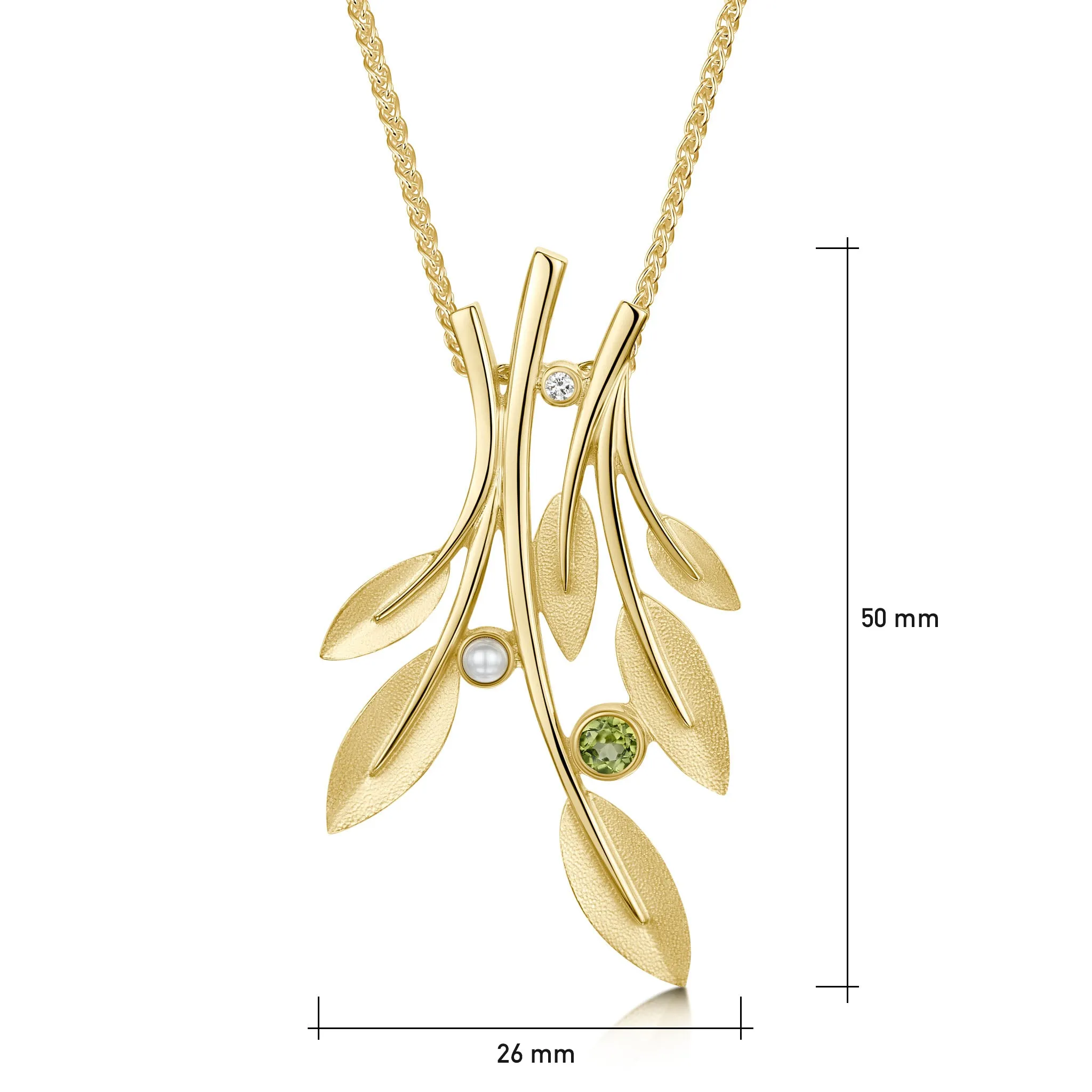 Rowan Six-Leaf Pendant Necklace in 9ct Yellow Gold with Peridot, Pearl & Diamond