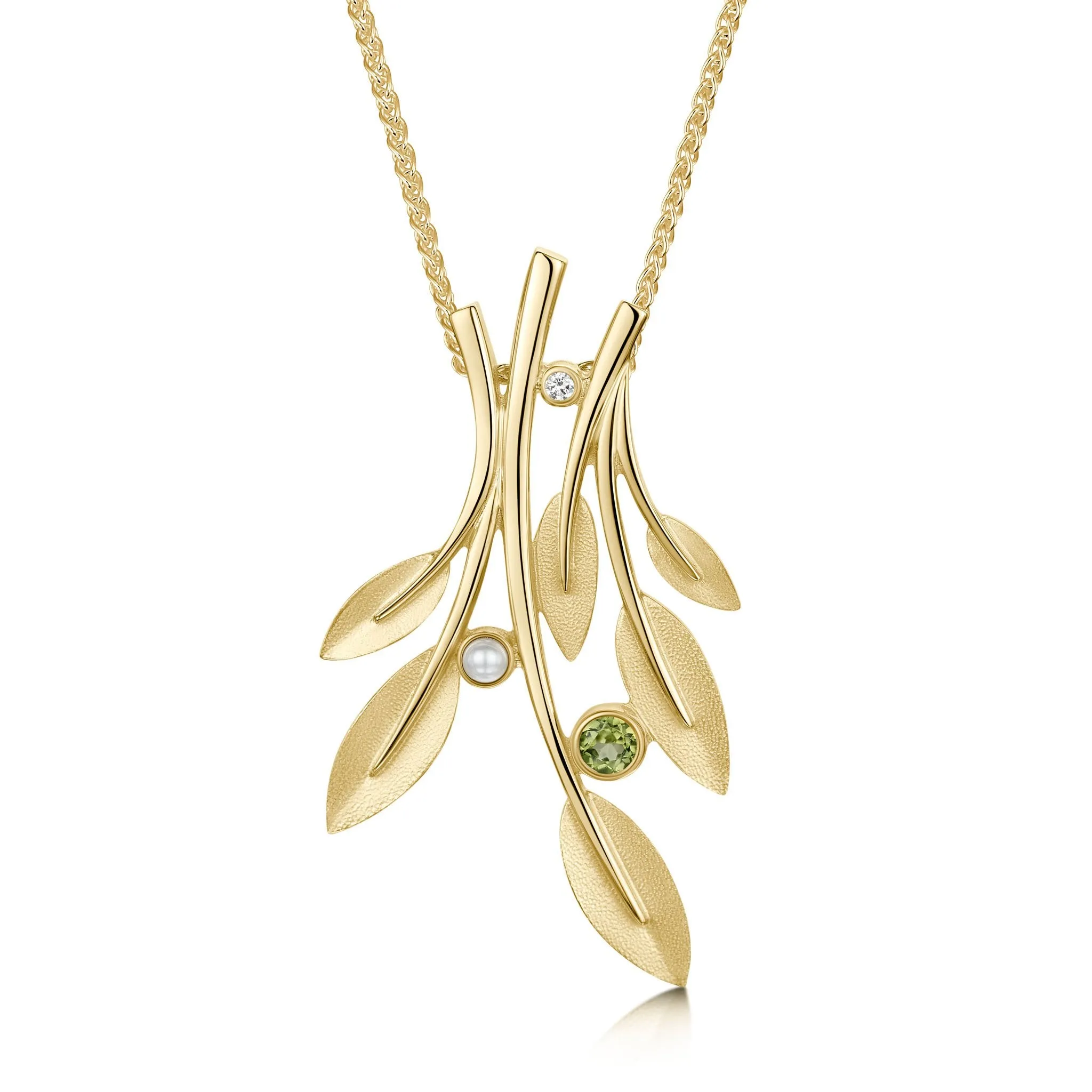 Rowan Six-Leaf Pendant Necklace in 9ct Yellow Gold with Peridot, Pearl & Diamond