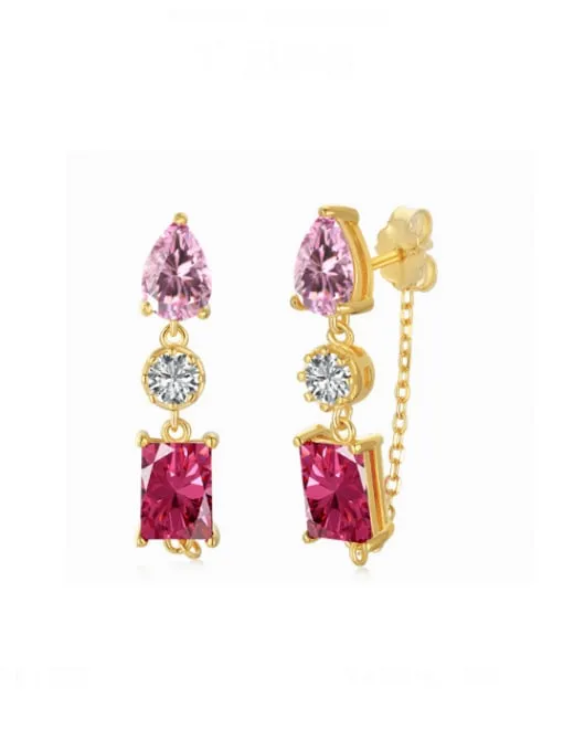 Ruby Pink Earrings, .925 Sterling Silver, 18K gold Plated Zircon Chain Statement Earrings