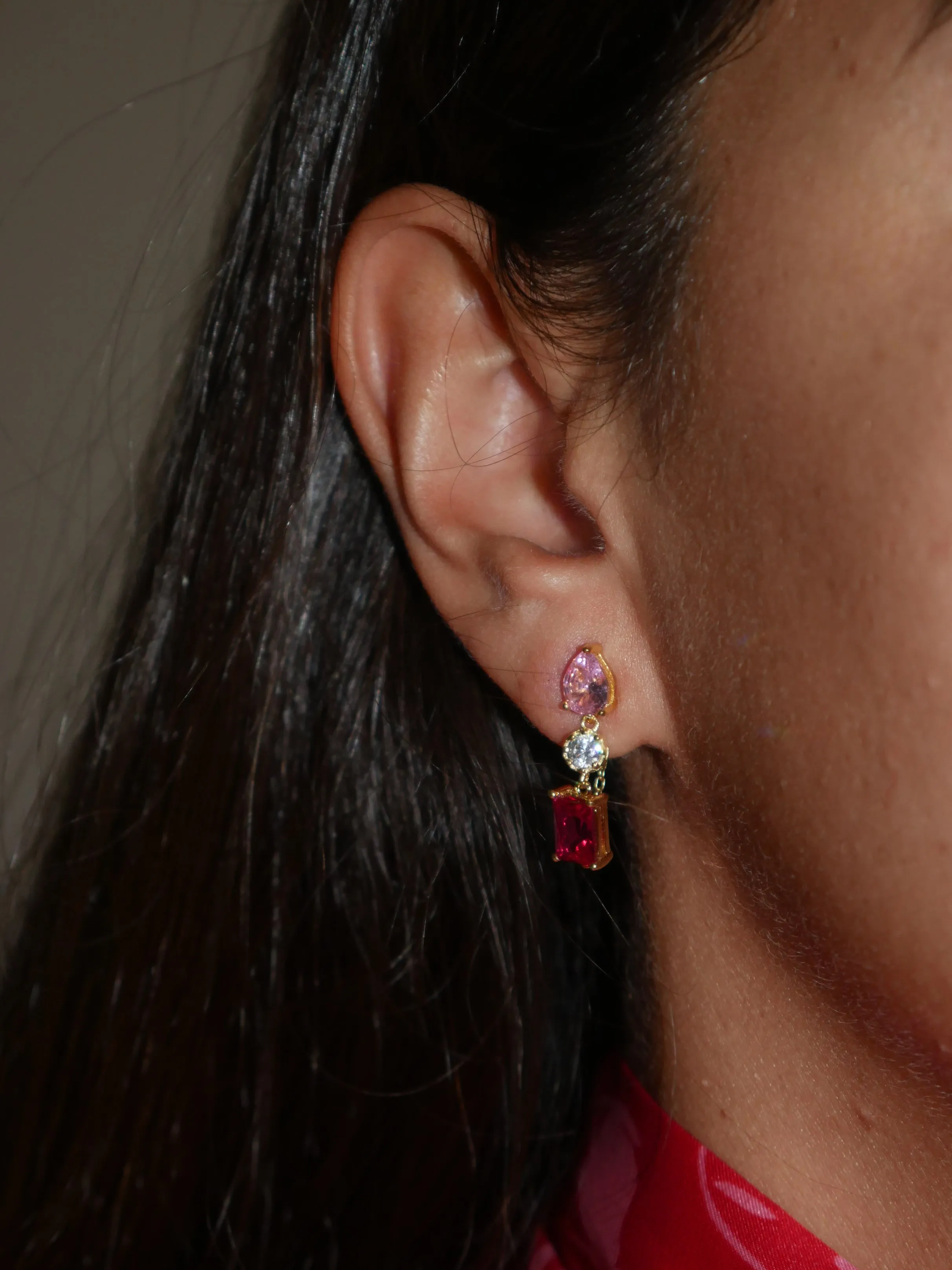 Ruby Pink Earrings, .925 Sterling Silver, 18K gold Plated Zircon Chain Statement Earrings