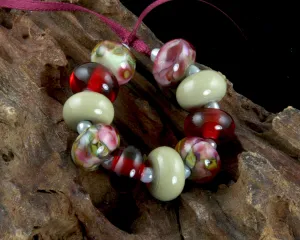 Ruby Pink Green Lampwork Beads Set SRA