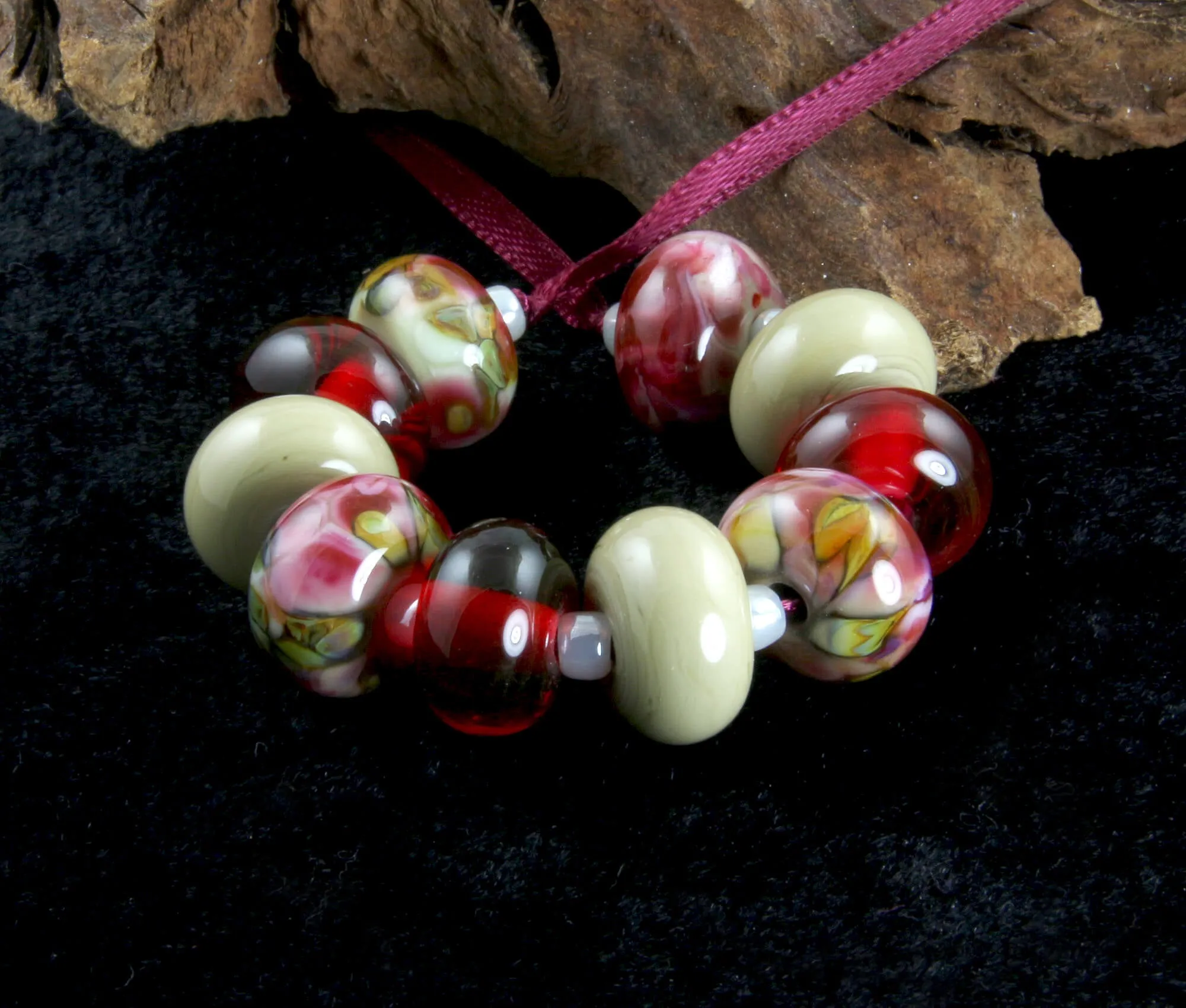 Ruby Pink Green Lampwork Beads Set SRA