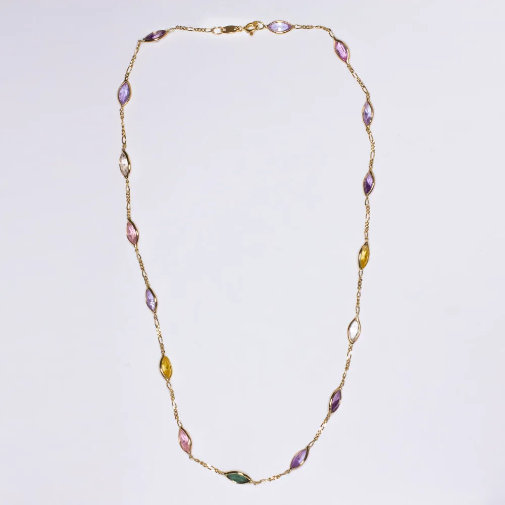 SAPPHIRE STATION NECKLACE 18k YELLOW GOLD 16in GEMSTONE CHAIN RAINBOW MARQUISE