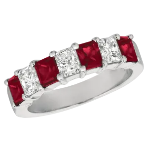 Seven Stone Radiant Diamond and Ruby Ring