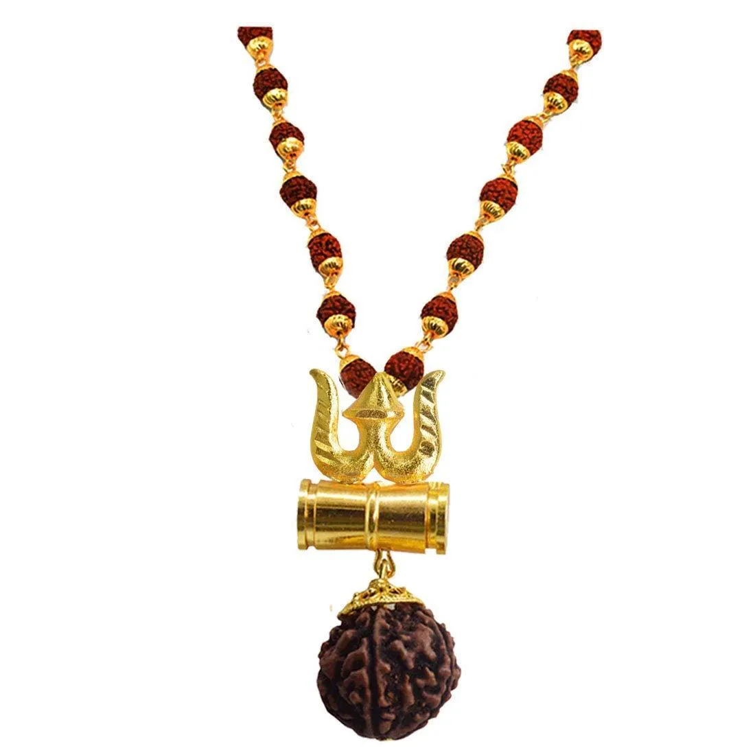 Shiv Shakti Mahakaal Kavach - 5 Mukhi Rudraksha Trishul Damru (Damaru) Locket/Pendant in Rudraksha mala