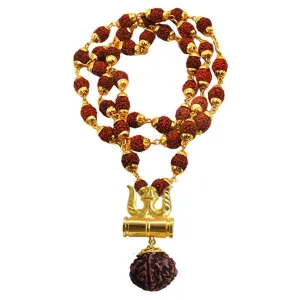 Shiv Shakti Mahakaal Kavach - 5 Mukhi Rudraksha Trishul Damru (Damaru) Locket/Pendant in Rudraksha mala