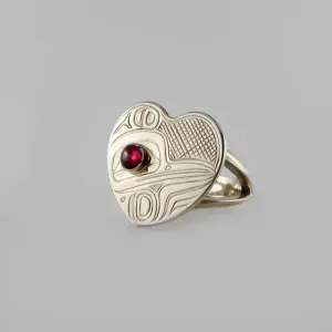 Silver and Garnet Heart Shaped Hummingbird Ring