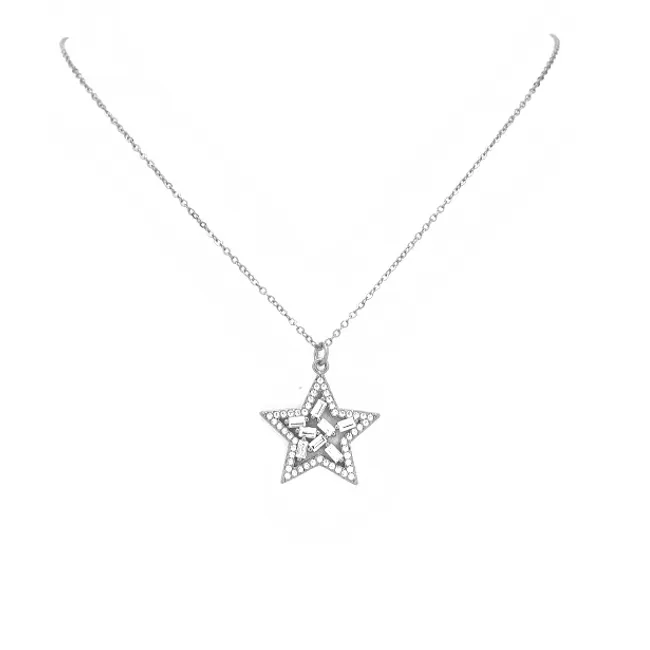 Silver Cubic Zirconia Baguette Star Pendant Necklace