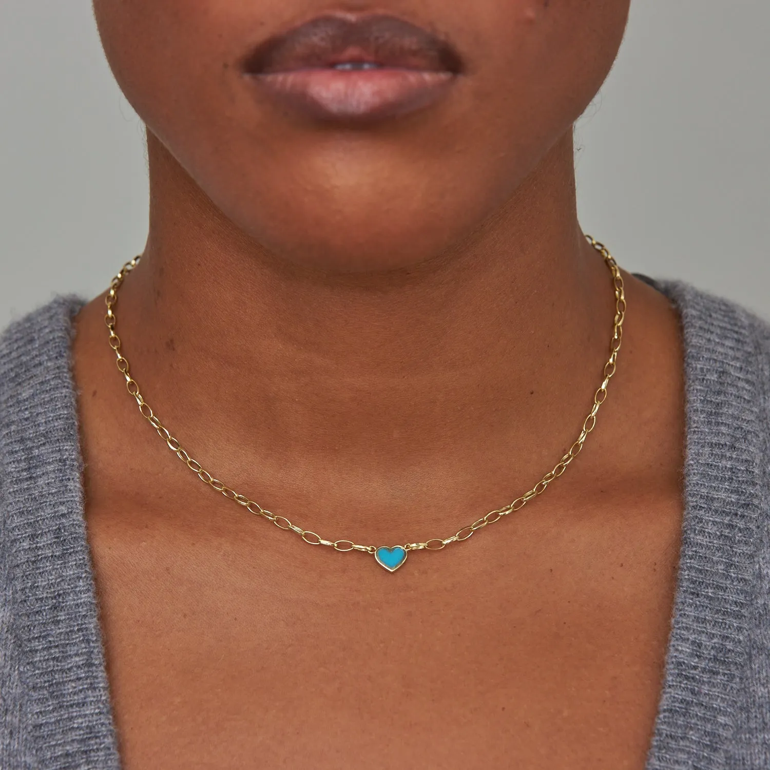 Small Edith Link Necklace with Turquoise Inlay Heart